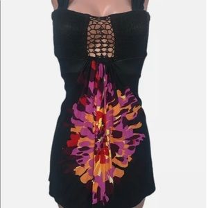 Black Smocked Cut Out Net Crochet Sky Mini Dress S